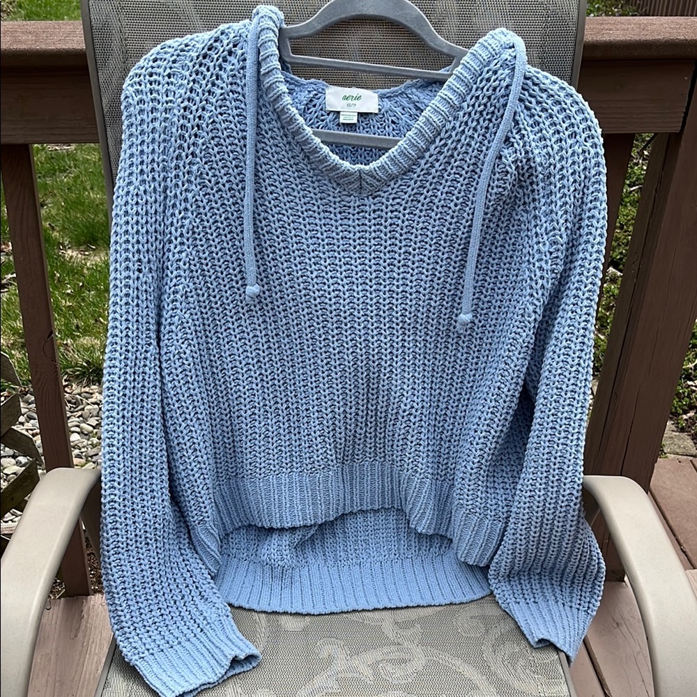 Aerie Blue Hooded knit Sweater with Relaxed Fit
